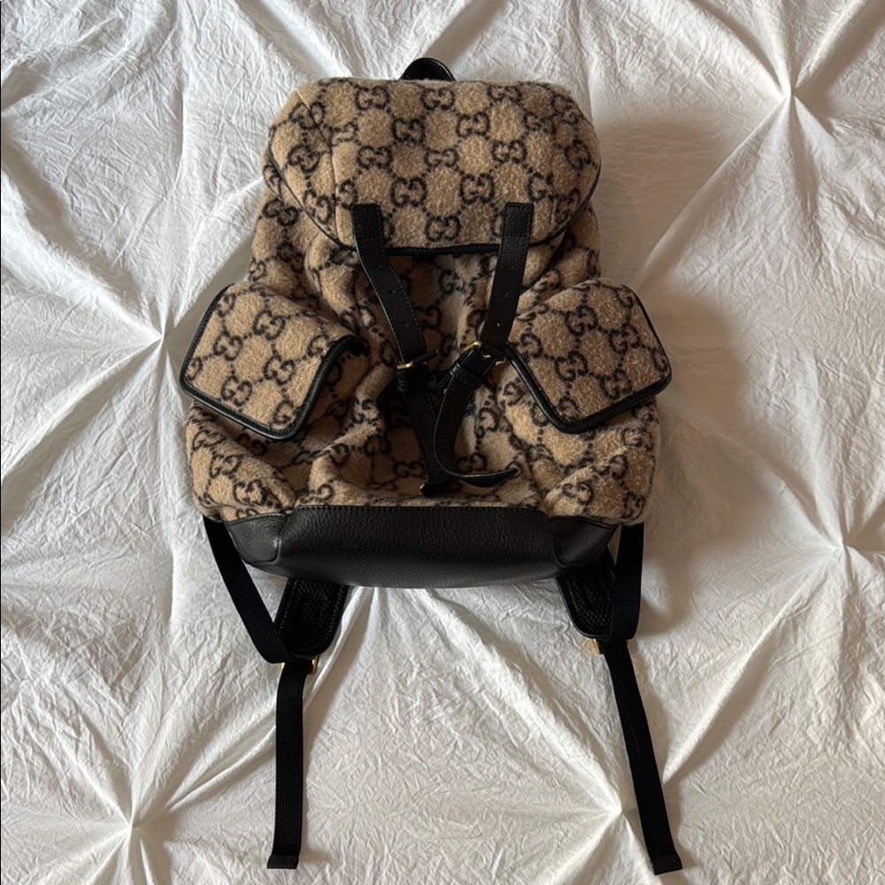 Gucci Beige Black Wool GG Double Pocket Buckle Backpack